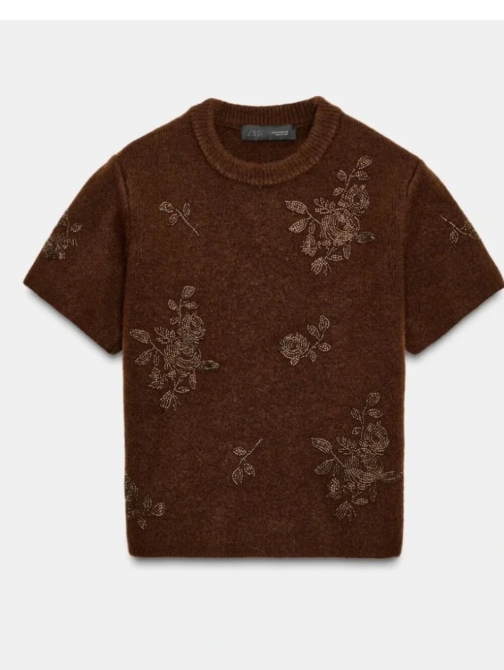 ZARA Brown Floral beaded thick Blend Pullover Sweater L Short Sleeve